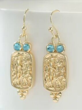Greek Mythology Gold Dangle Earrings Blue CZ Vintage Coin Statement Jewelry